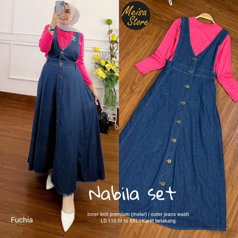 NABILA SET BEST SELLER. SETELAN OUTER GAMIS DAN INNER BAHAN JEANS WASH