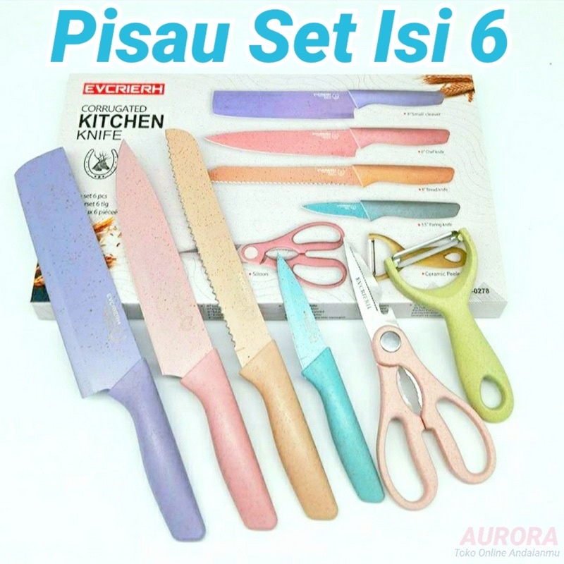 PISAU TAJAM 1 SET ISI 6 MERK EVCRIERH KITCHEN KNIFE MASAK DAPUR GUNTING