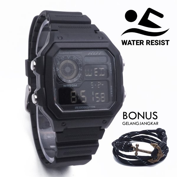 Jam Tangan Pria Original Pria R6099 Tali Rubber Black Bonus Gelang Jangkar