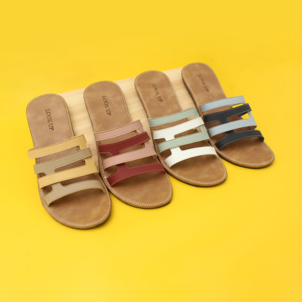 Sandal Kulit Wanita Sandal Kekinian Sandal Slop Slide Wanita Flat Motif Kombinasi Look Up - YUNIAR