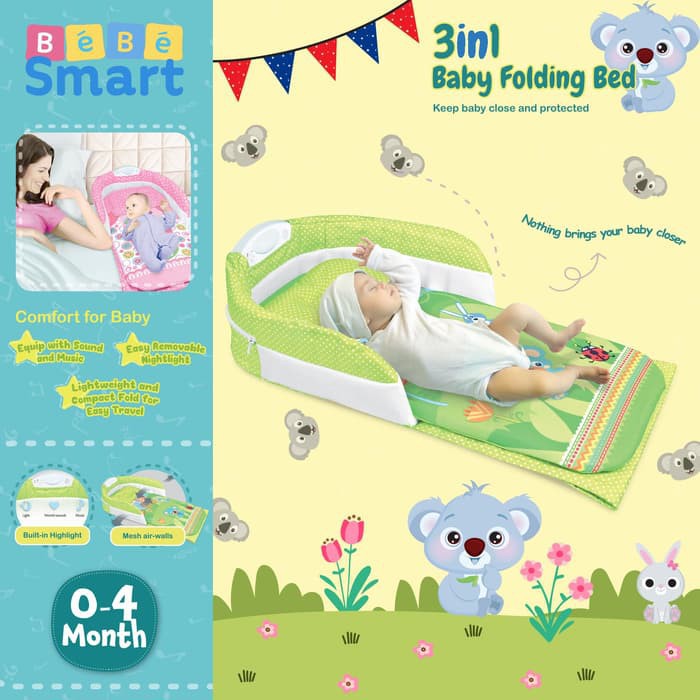 Bebe Smart 3 In 1 Baby Folding Bed Kasur Lipat Bayi Cheerful Green Hijau 0-4 Bulan