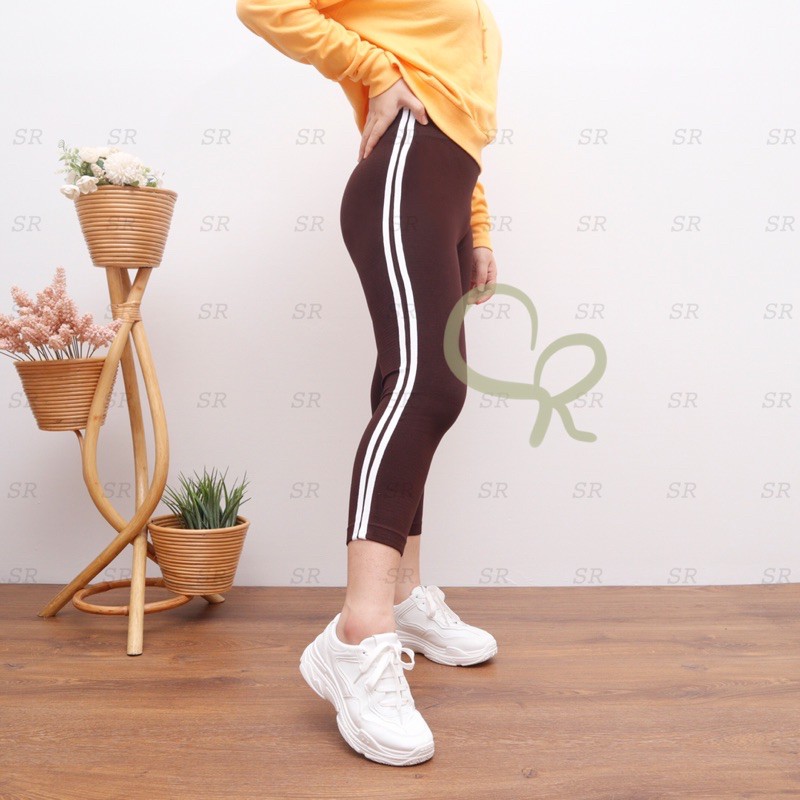 Legging Import Wanita List Putih Stripe Polos Premium Melar Murah