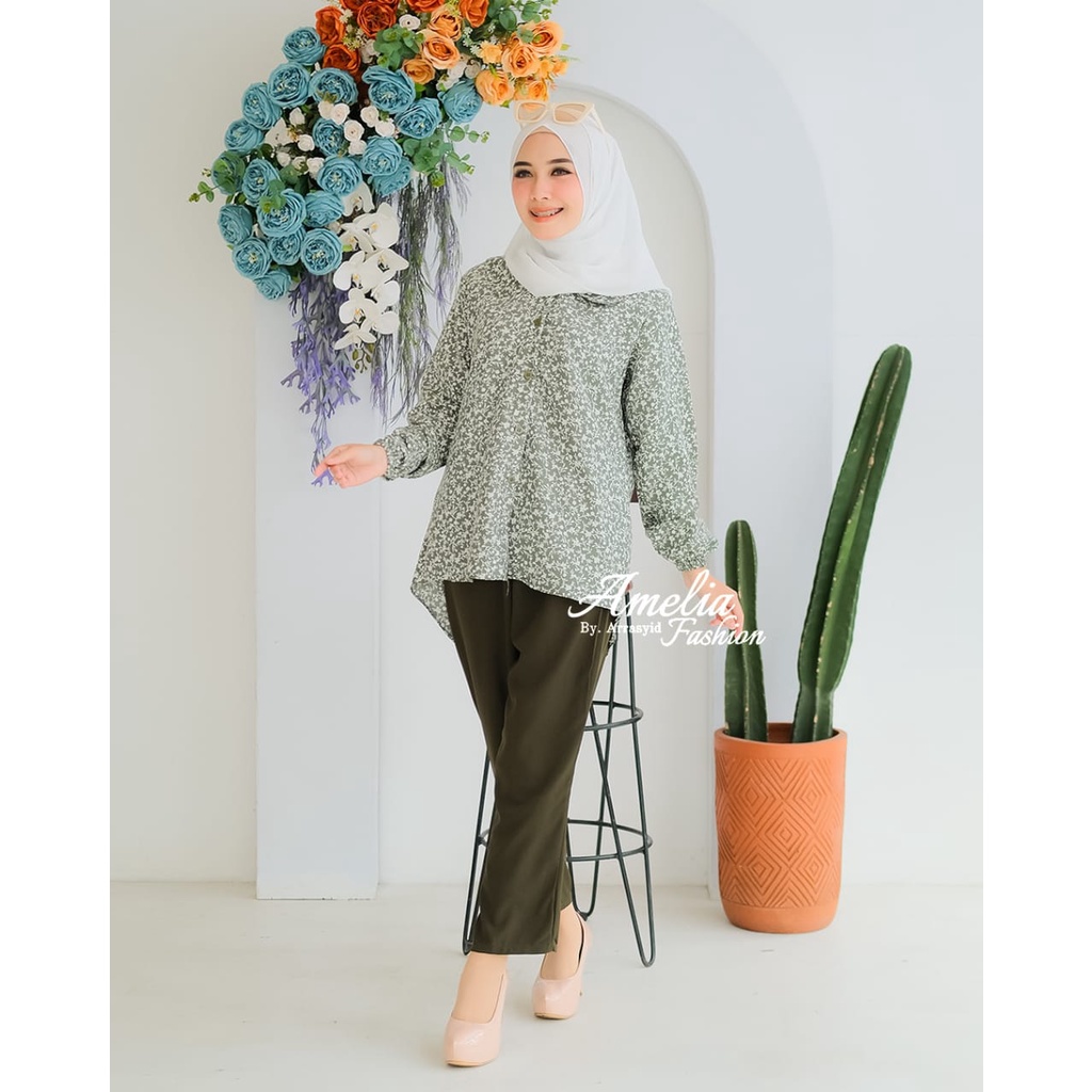 KEMEJA SET CELANA KERJA WANITA samira sakila arofa rania setelan one set tali pisah baju kerja wanita muslim muslimah ootd fashion hits modis motif bunga motif salur kotak kemeja blouse atasan