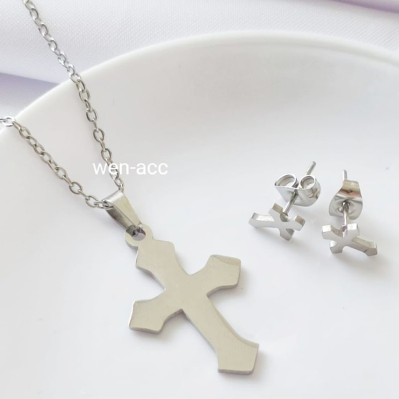 Kalung set Anting Titanium Salib Rohani Wanita A6