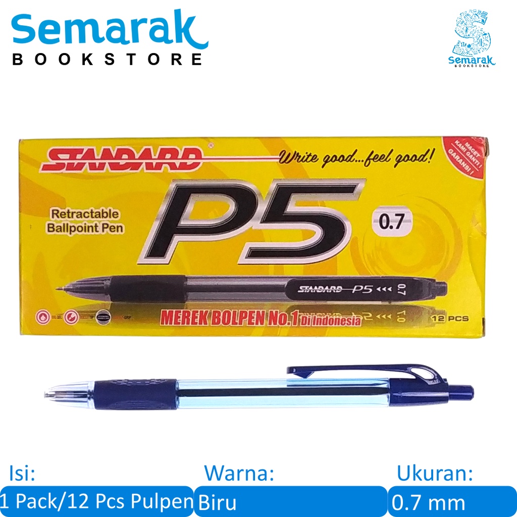 

Standard P5 Retractable Ballpoint Pen Pulpen Cetek Oil Gel Grip Karet 0.7 - Biru [1 Pack / 12 Pcs]