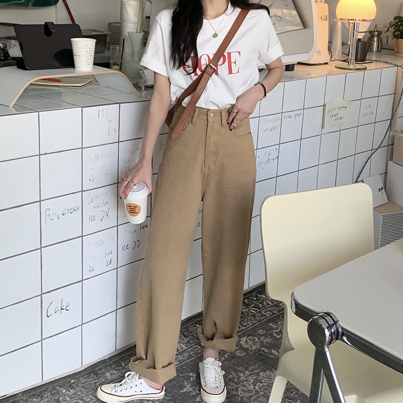 [chaoo.id]Celana kargo berkaki lebar model pinggang tinggi lurus longgar cocok untuk semua celana jens wanita/Korean style straight leg loose khaki jeans