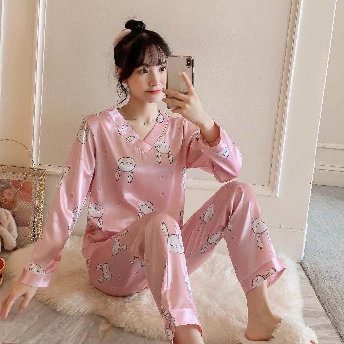 Lovera Set Baju Tidur Bahan Satin PP Lengan Panjang Celana Panjang Import