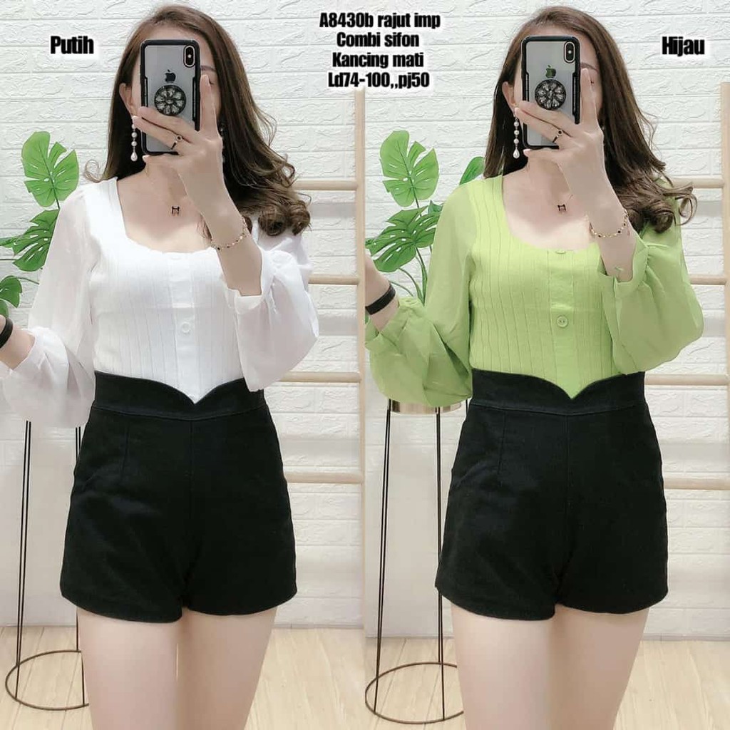 ATASAN BLOUSE RAJUT KOREA WANITA FASHION IMPORT BANGKOK COMBI SIFON 8430