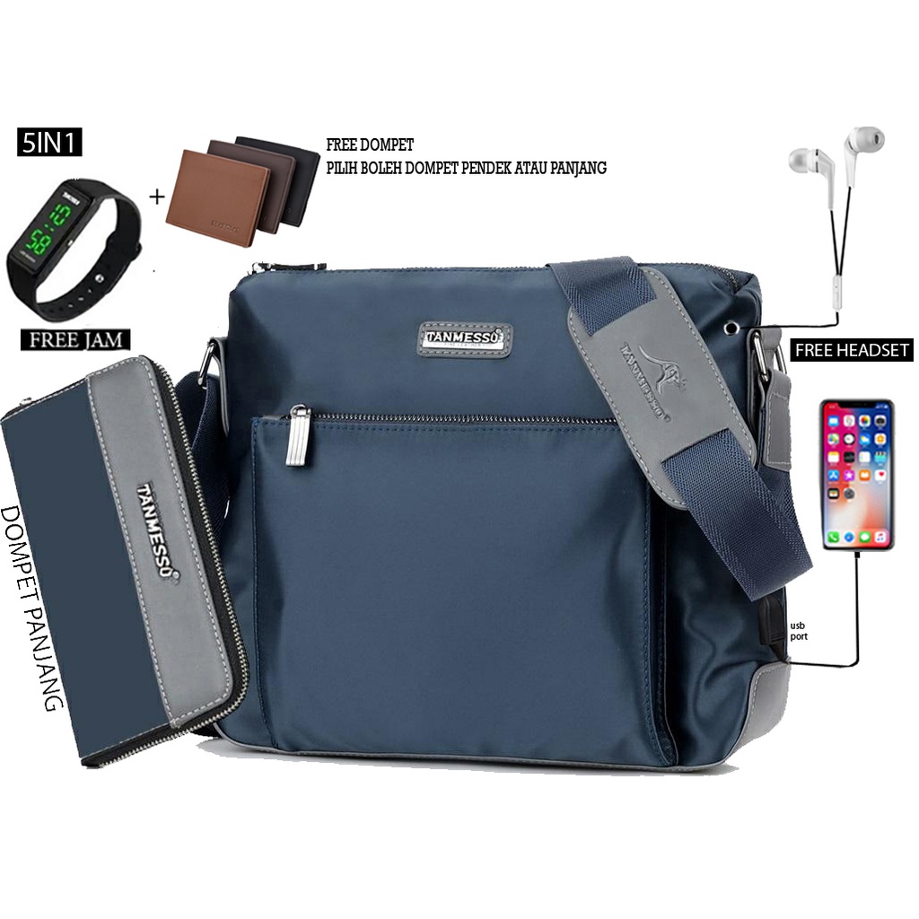 TANMESSO 4in1 BAYAR DITEMPAT-BONUS JAM LED,DOMPET &amp; HEADSET-TAS WATERPROOF TAS SELEMPANG PRIA