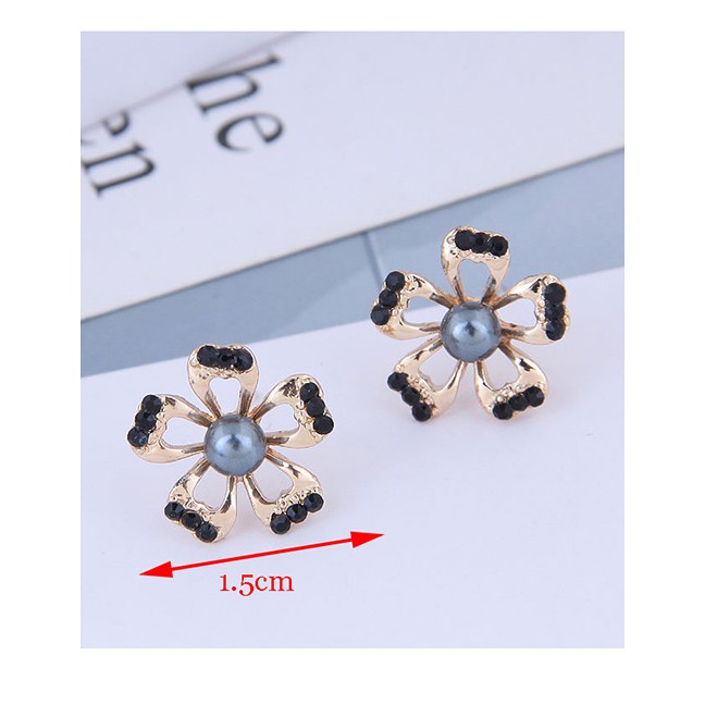 LRC Anting Tusuk Fashion Black Pearl Petal Geometric Earrings With Diamonds A60371