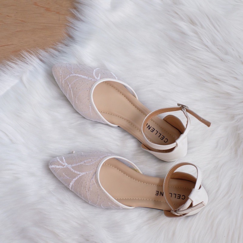 CELLENE flat balerina lace 3warna / flat brokat tali