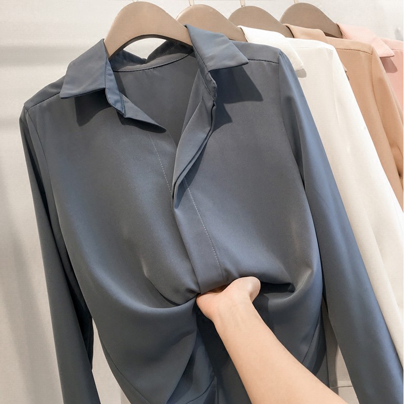 Versi Korea sederhana kemeja Lengan panjang wanita Atasan sifon Warna solid Tipis longgar-5