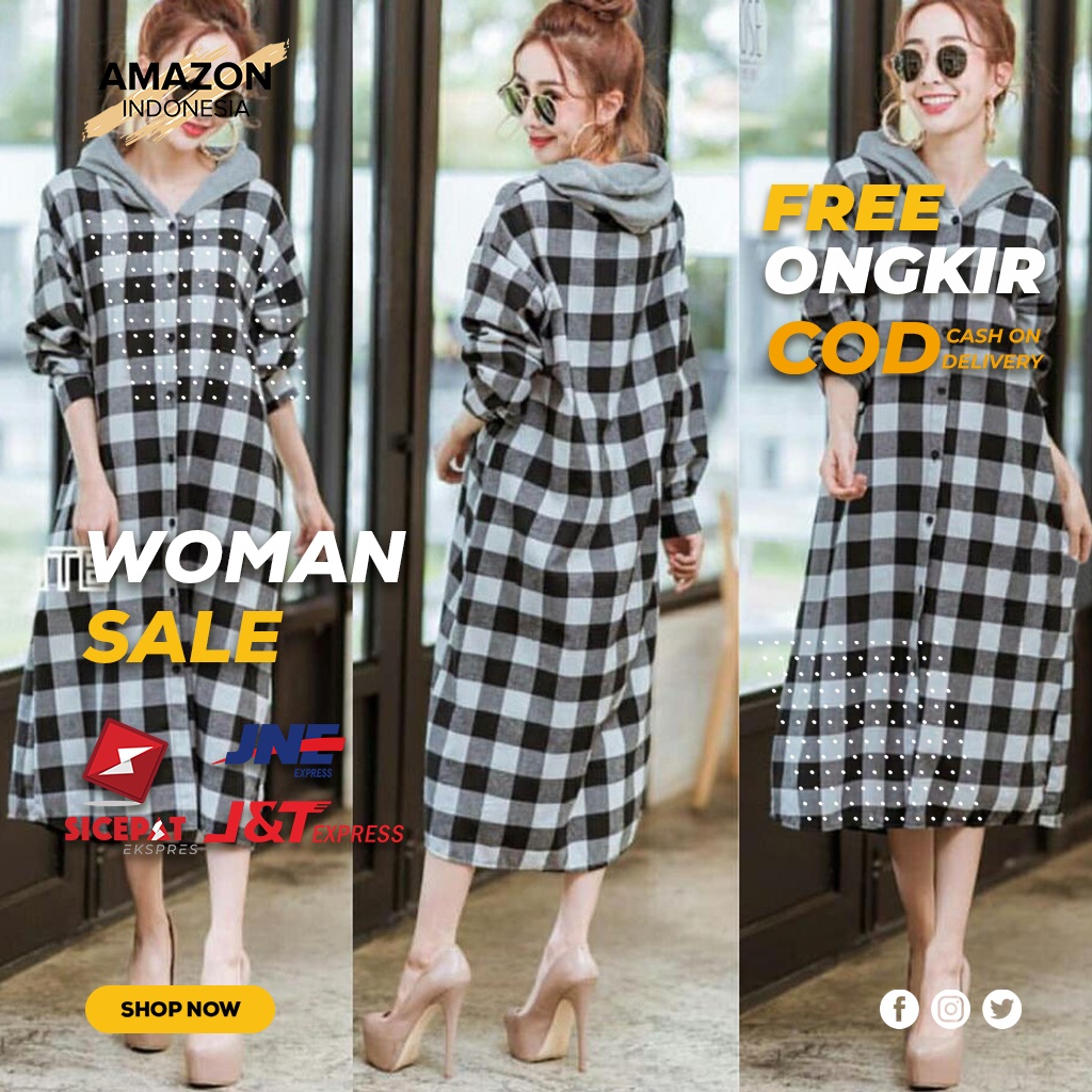 LONG DRESS PANJANG HOODIE PAKAIAN WANITA CASUAL WARNA BLACK HITAM BAHAN KATUN MOTIF KOTAK KOTAK LENGAN PANJANG