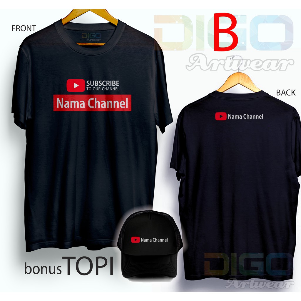 Kaos youtube nama channel premium murah best seller bonus topi custom