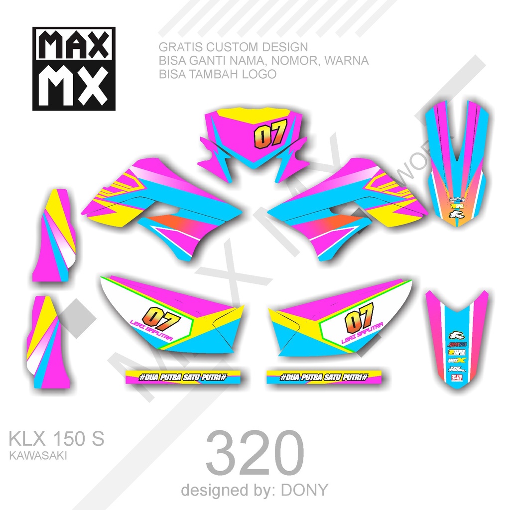 DECAL STIKER MOTOR KLX 150 S MOTIF FULLCOLOR PINK KOMBINASI KUNING BIRU CERAH