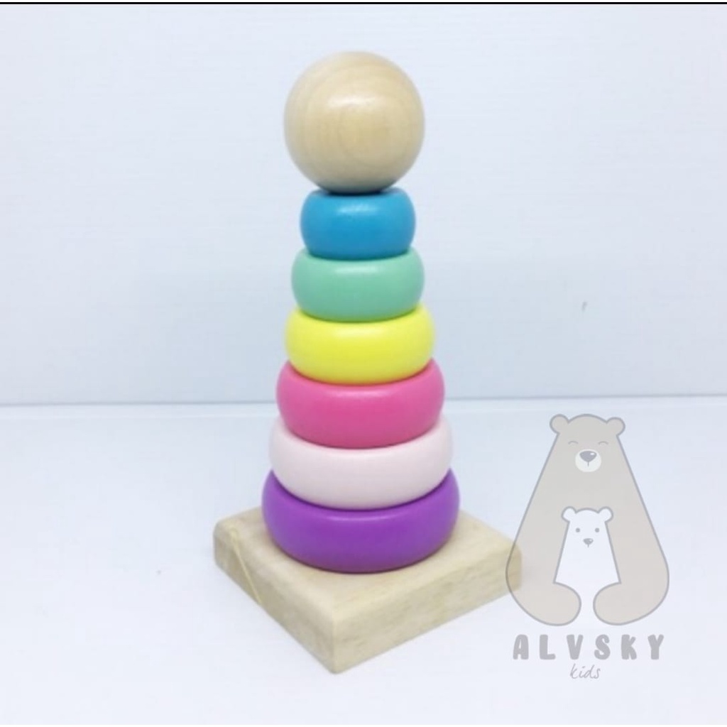 RAINBOW TOWER MAINAN EDUKASI ANAK MENARA SUSUN CINCIN PELANGI RING DONAT