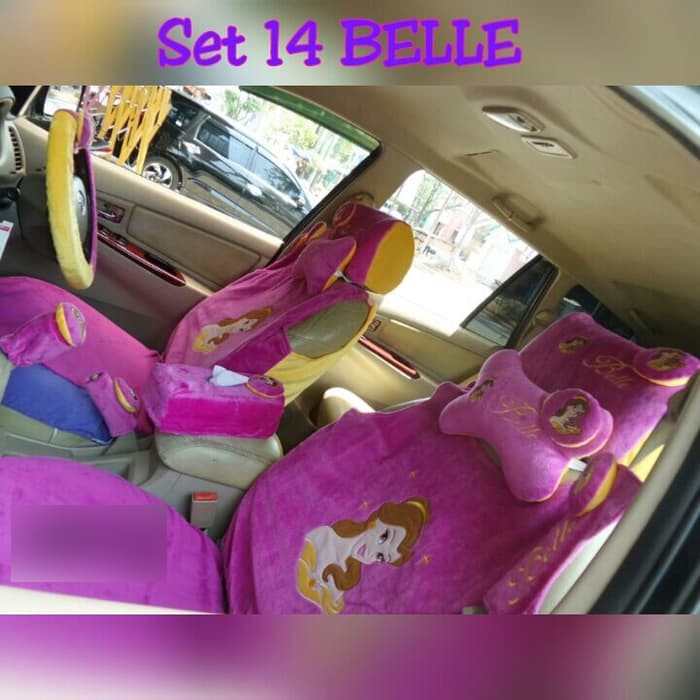 Set SARUNG bantal headrest sandaran kepala jok leher kursi mobil Princess BeLLe ungu 14 C