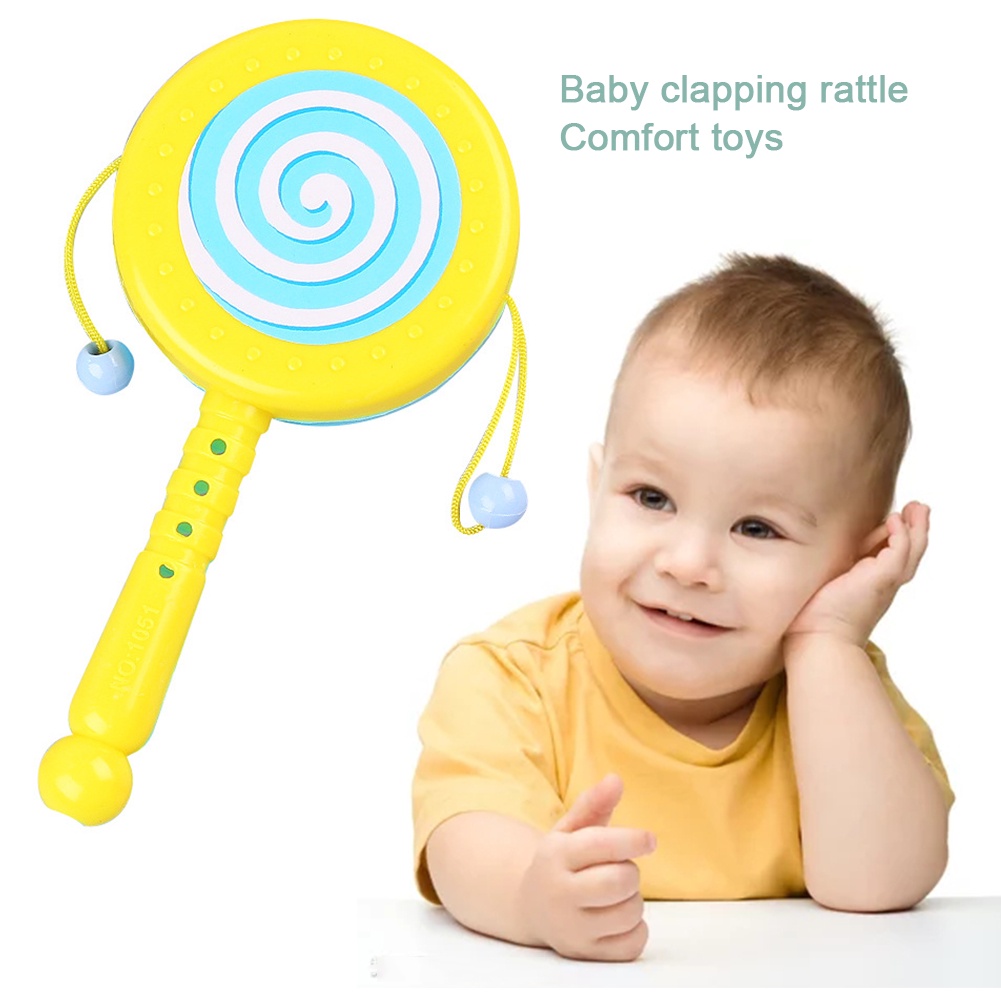 Mainan Edukasi Dini Bayi 0-3 Tahun Rattle Drum Plastik Motif Kartun Warna Acak