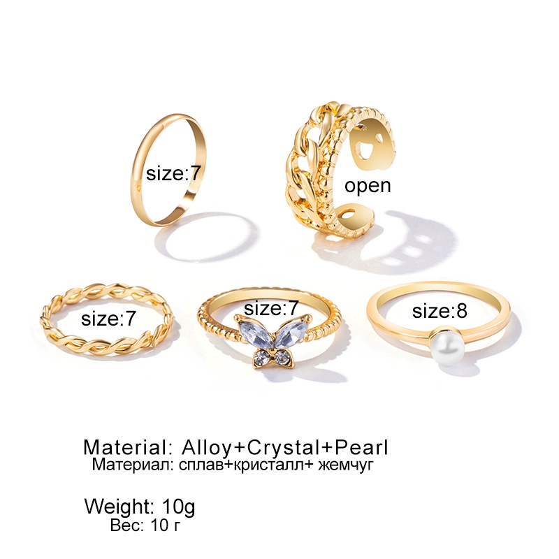 5 Pieces Set Butterfly Pearl Ring Set Opening Adjustable Joint Ring Fashion Ring For women Female