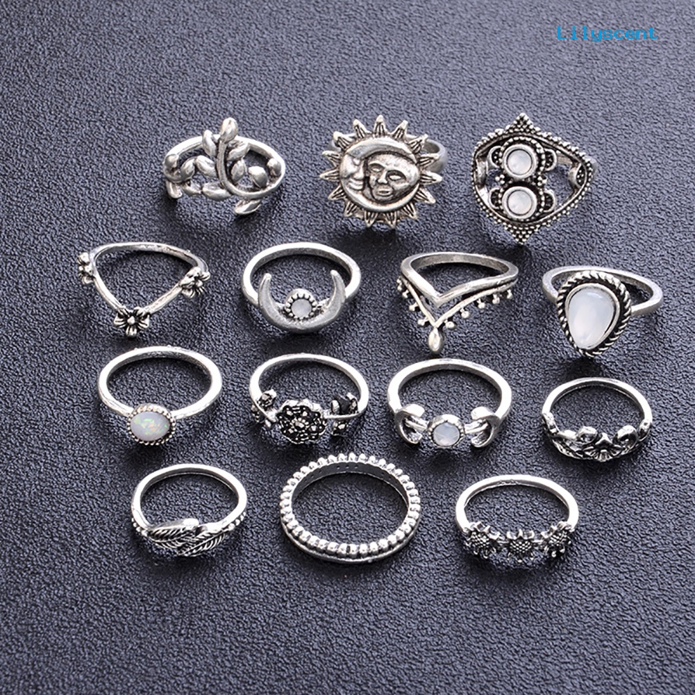 14 Pcs Cincin Knuckle Bentuk Bulan Dan Bunga Matahari Gaya Vintage Untuk Wanita