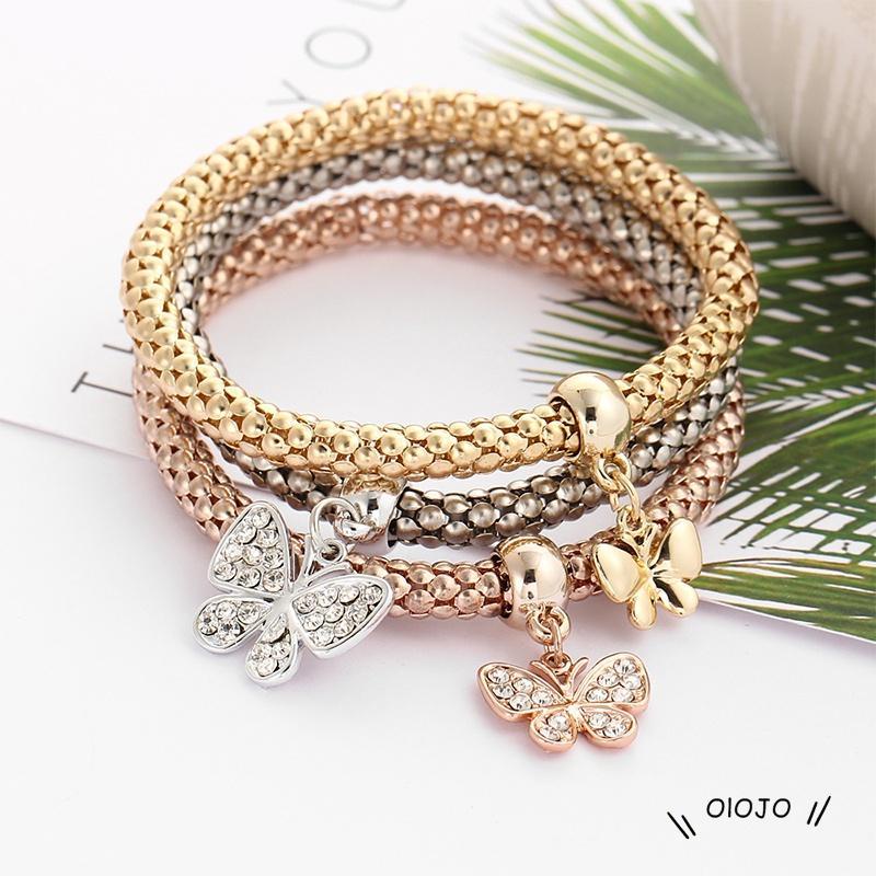 3pcs / Set Berlian Bertatahkan Kupu-kupu  Kunci  Kunci Liontin Gelang Tiga Warna Set Gelang Perhiasan Wanita - ol