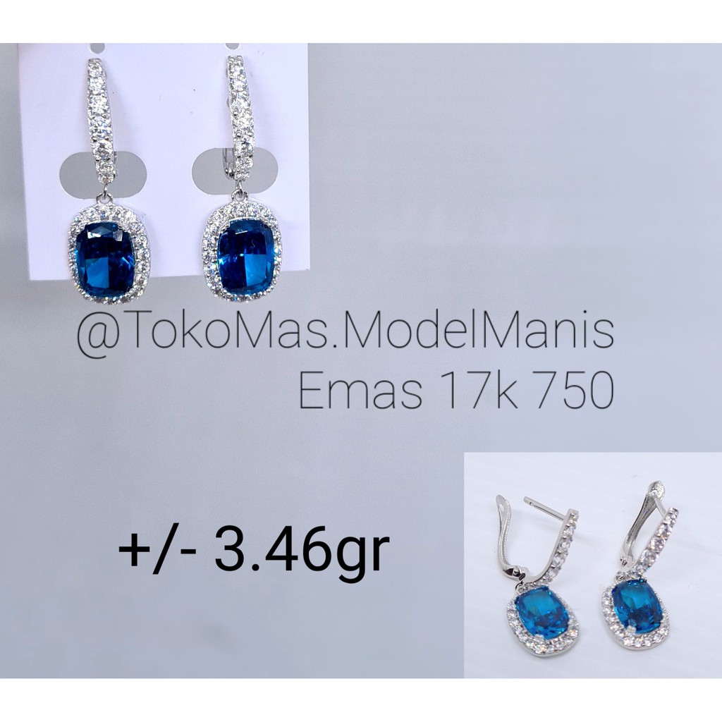 Anting jepit batu biru cuse emas putih 750 kadar 17 K
