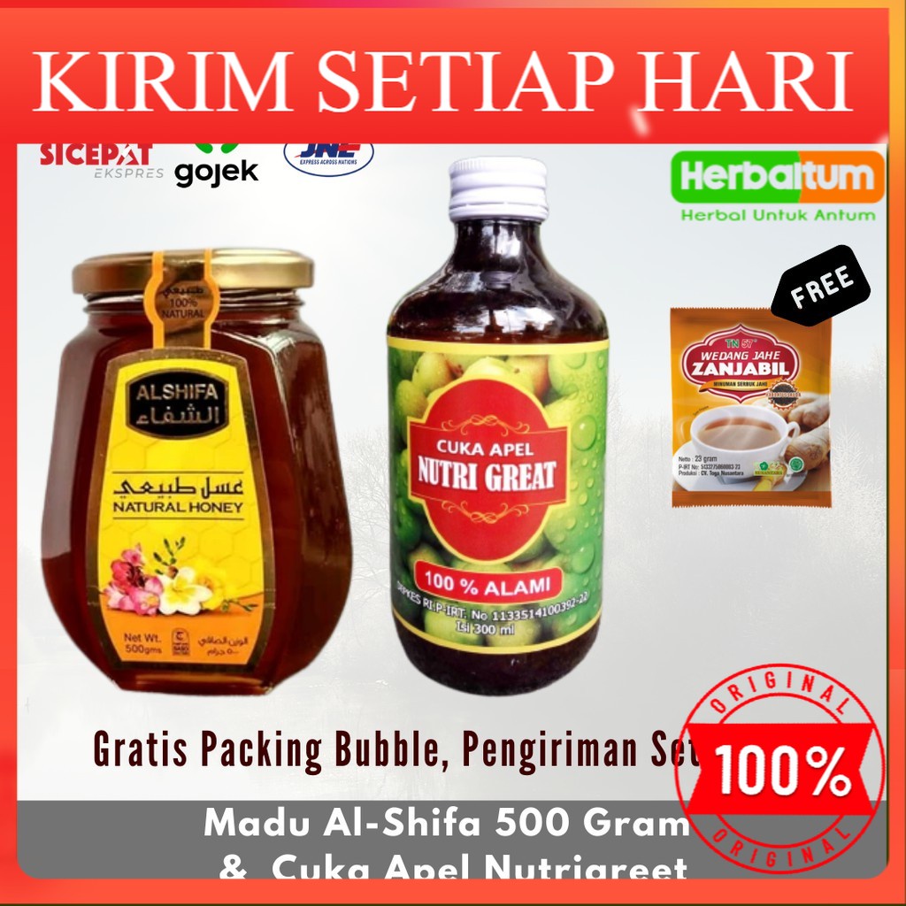 

Cuka Apel Nutrigreat (Malang) Paket Plus Madu AlShifa - Apple cider vinegar 300ml + Madu al Shifa 500gr