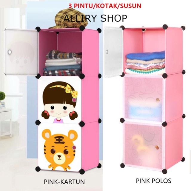 Lemari pakaian lemari plastik lemari baju anak rak buku rak topi  3 kotak/pintu/susun lemari pakaian