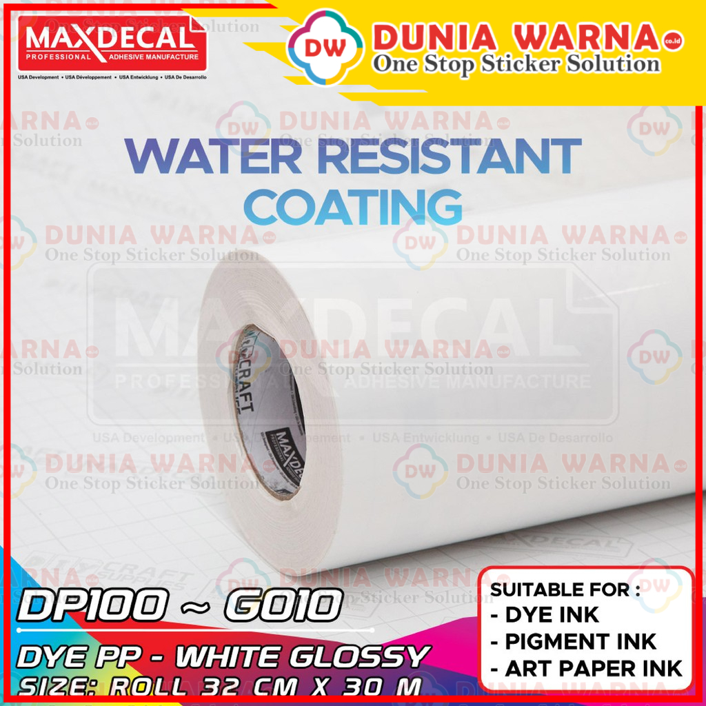 MAXDECAL DP100 DYE PP Stiker Vinyl PP Inkjet Coating A3 Roll to Roll 32cm x 30m White Glossy Print