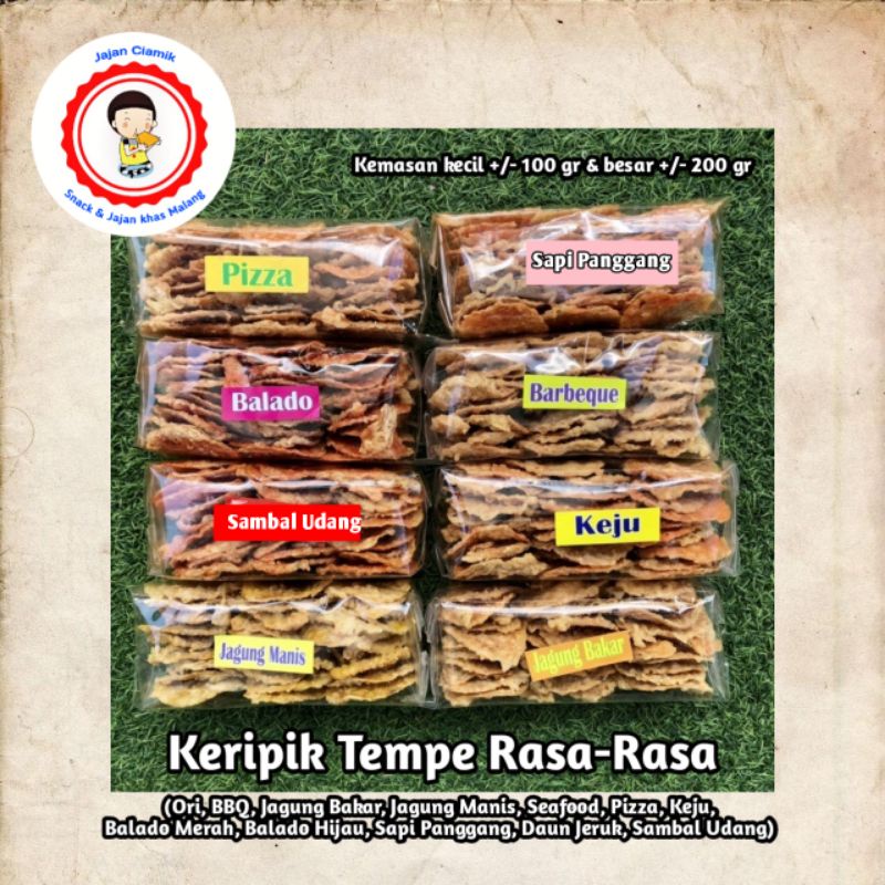 

Keripik Tempe Malang Rasa Ori, BBQ, Balado, Jagung, Keju,Pizza