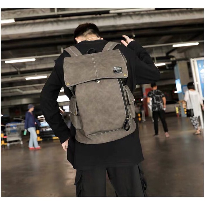 Tas Ransel Pria Cowok Import Semi Kulit Backpack Selempang Kore CK115  Kuliah Travel Men’S Leather