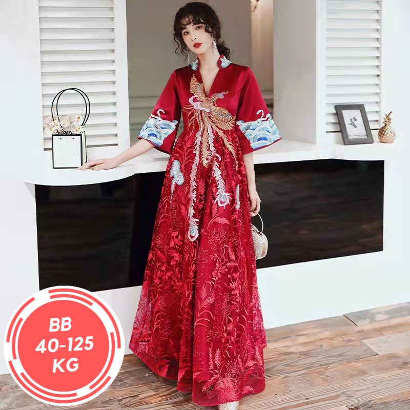 Gaun Pengantin Cheongsam【JUMBO 8XL】Hanfu Merah Ukuran Besar Pernikahan Pengantin Wanita Kode 909 Tio