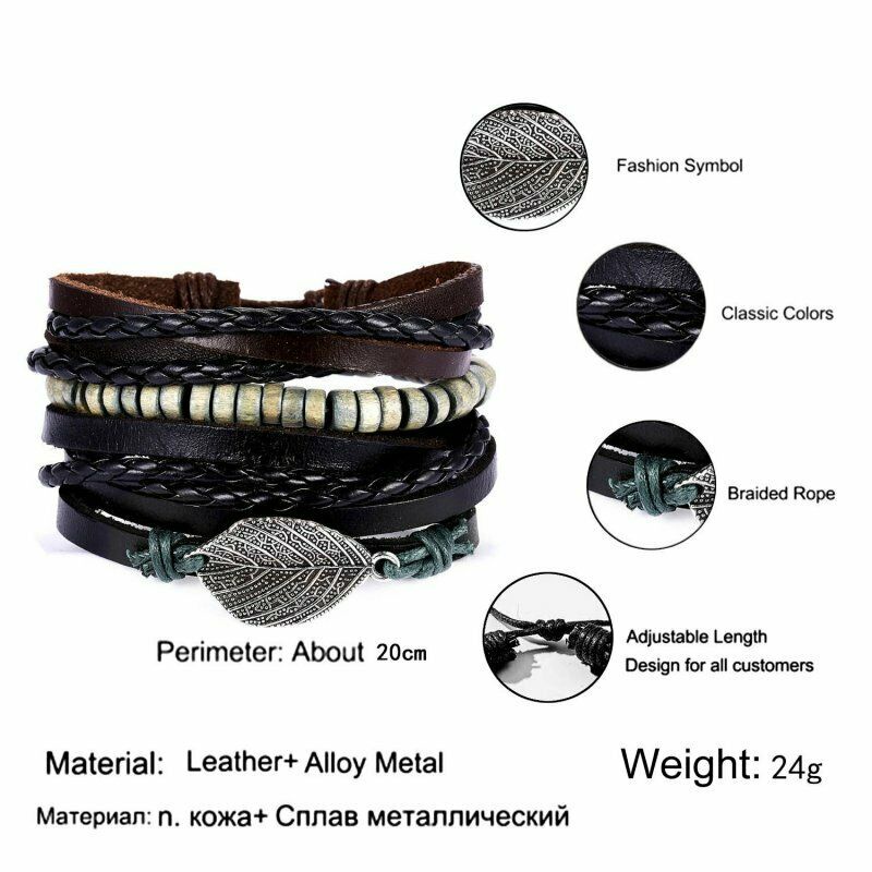 5 / 6pcs Gelang Bangle Cuff Bahan Kulit Hias Manik-Manik Daun Gaya Punk Untuk Pria