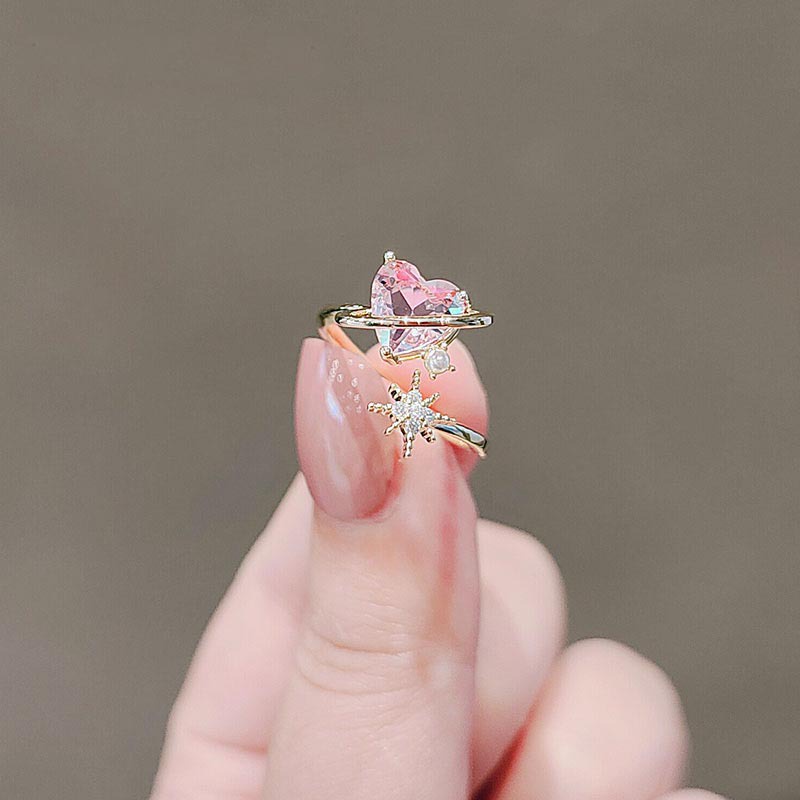 Cincin Lapis Emas 14k Bentuk Hati Aksen Zirkon Pink Model Terbuka Dapat Disesuaikan Untuk Wanita