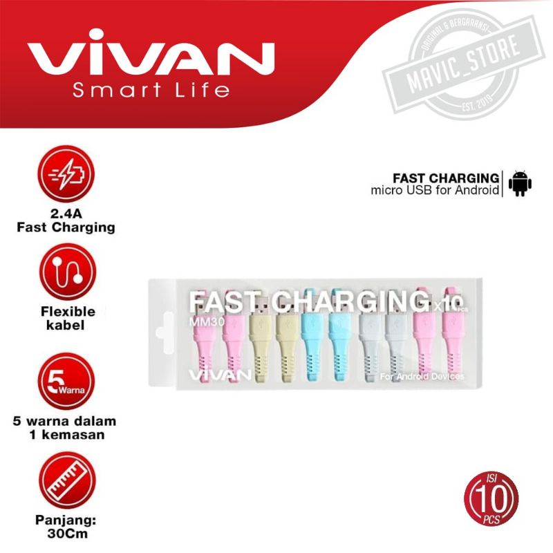 10 PCS 1 BOX KABEL DATA VIVAN ANDROID MM30 MIKRO USB MICRO MICROUSB PANJANG 30 CM