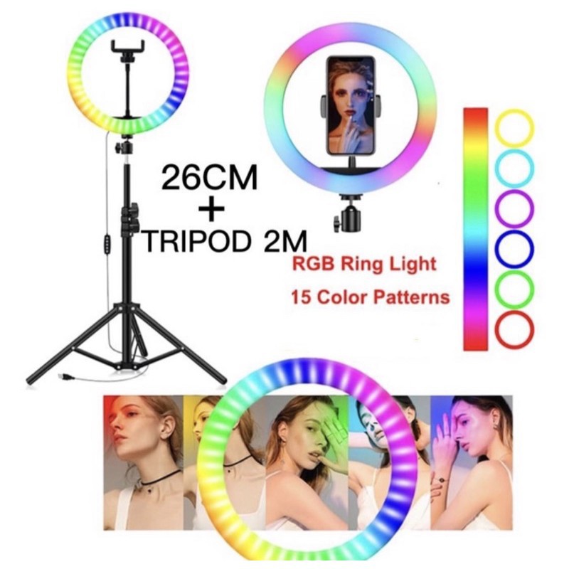 [TERMURAH] Ring Light LED 26CM 33cm 3warna RGB Beauty Vlog Selfie Ringlight tripod komplit free holder U make up (wajib order bubble)