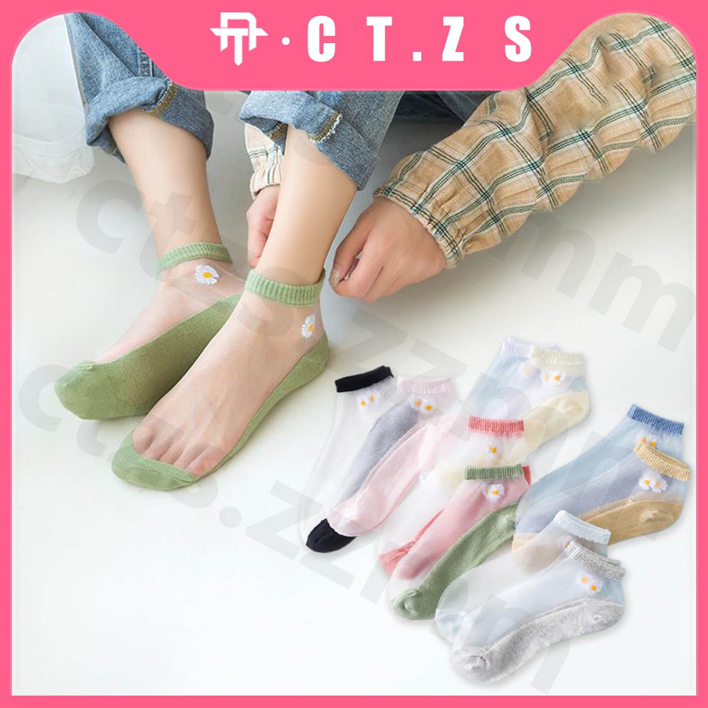 【CT】Kaos Kaki Motif Bunga Transparan Korean Style  Pendek  Wanita Motif #KK 24