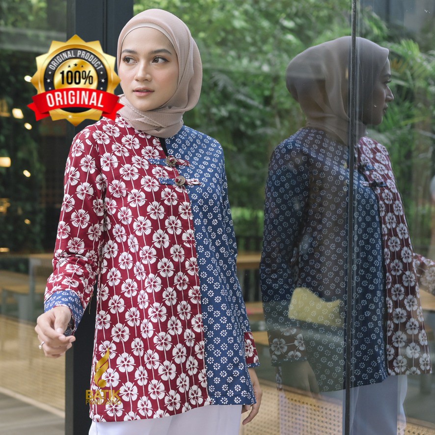 Batik Prabuseno Motif KEMBANG TRUNTUM Blouse Atasan Baju Batik Wanita Lengan Panjang Modern Jumbo Or