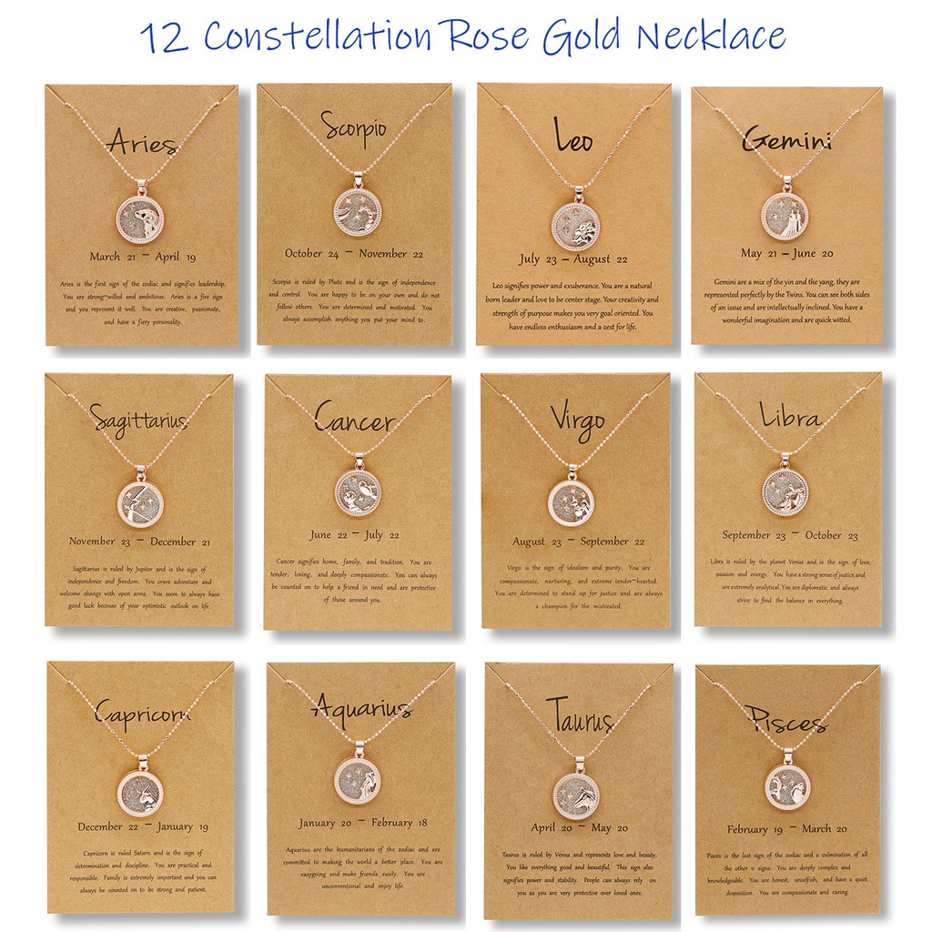 Kalung Rantai Dengan Liontin 12 Zodiak Warna Rose Gold