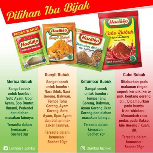 Hachiko Bumbu Dapur Bubuk : Bawang Putih, Terasi Bubuk, Ketumbar, Merica Bangka, Cabai, Kunyit
