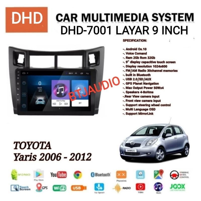 HEAD UNIT TAPE TV MOBIL DOUBLE DIN ANDROID LAYAR 9 INCH TOYOTA YARIS BAKPAO TAHUN 2006-2012