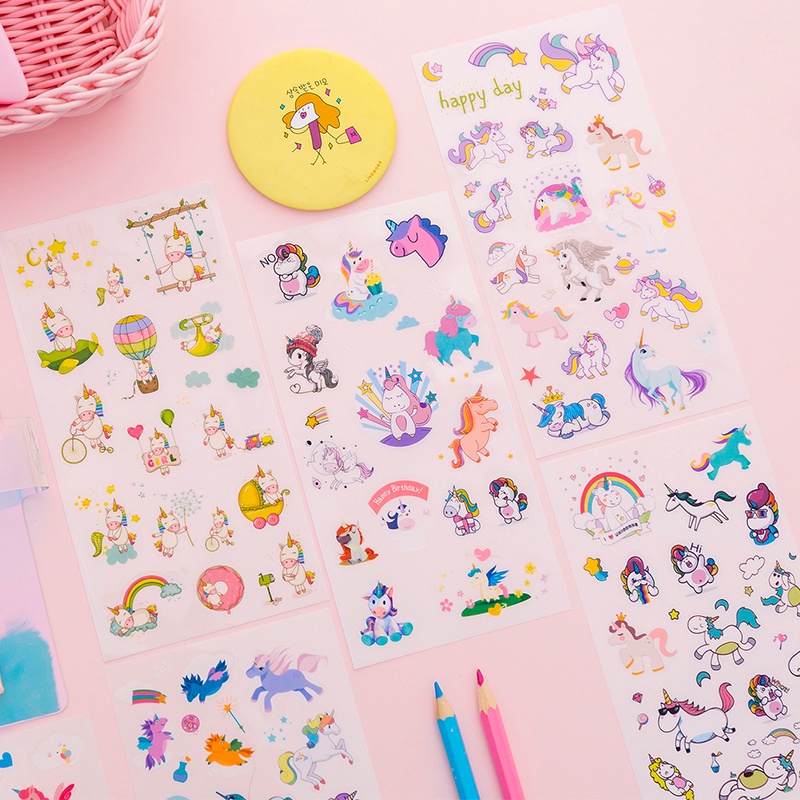 6 Lembar Stiker Kertasselotip Washi Gambar Kartun Unicorn Bahan Pvc Anti Air Untuk Dekorasi Diy