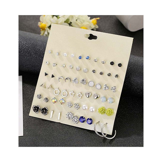 LRC Anting set Fashion Silver Diamond Flower Pearl Love Flower Geometric Earrings Set D76885