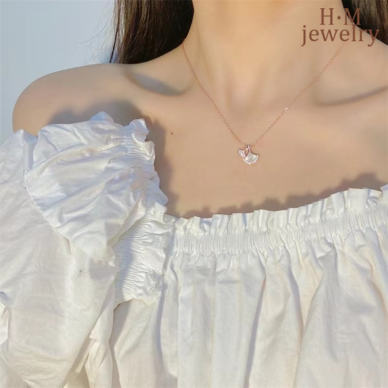 Kalung Rantai Klavikula S925 Silver Bentuk Daun Ginkgo Kipas Kecil Warna Pink