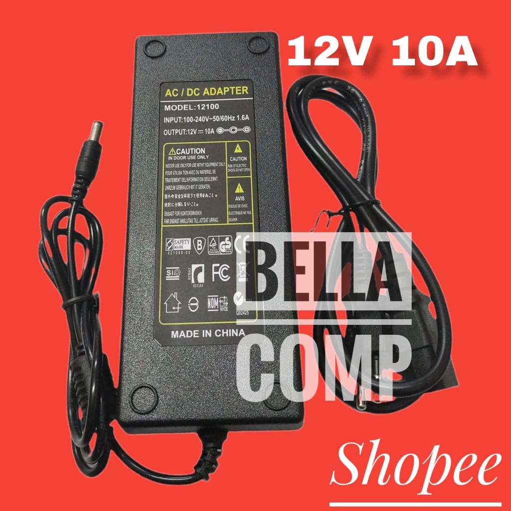 ADAPTOR 12V 10A / Power Adaptor LED Strip Monitor LED display, papan reklame DC 12V 10A 120W Plus Kabel Power