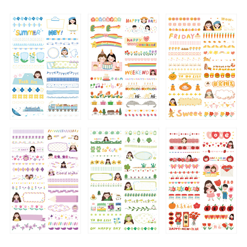 imoda 6 lembar / pack PVC Stiker Kartun Lucu DIY Scrapbooking Dekorasi Stiker Stasioner-B