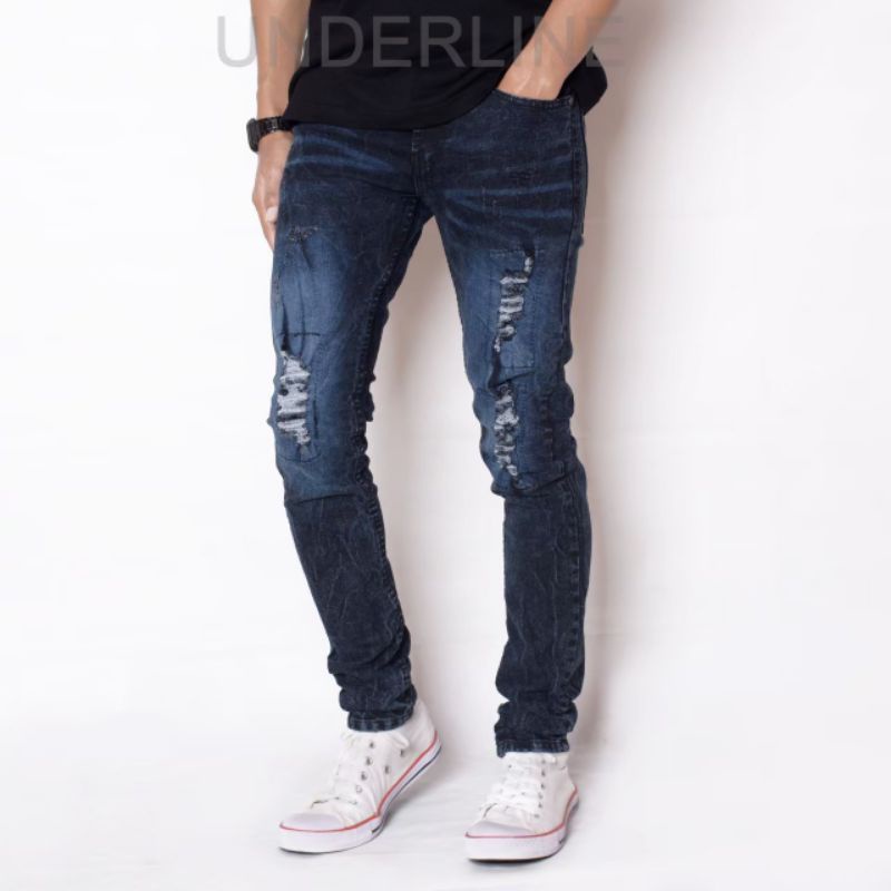 Celana jeans pria sobek lapis tidak tembus , Ripped jeans pria denim premium , jeans ripped original Underline