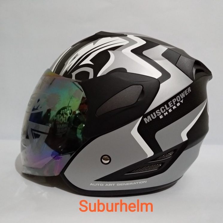 HELM  GM  FIGHTER  MUSCLE POWER  BLACK SILVER DOFF DAN  GLOSSY   HALF FACE  SINGLE VISOR  SNI  ORI