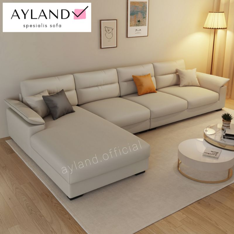 Sofa minimalis ruang tamu l shape mewah putih fullset