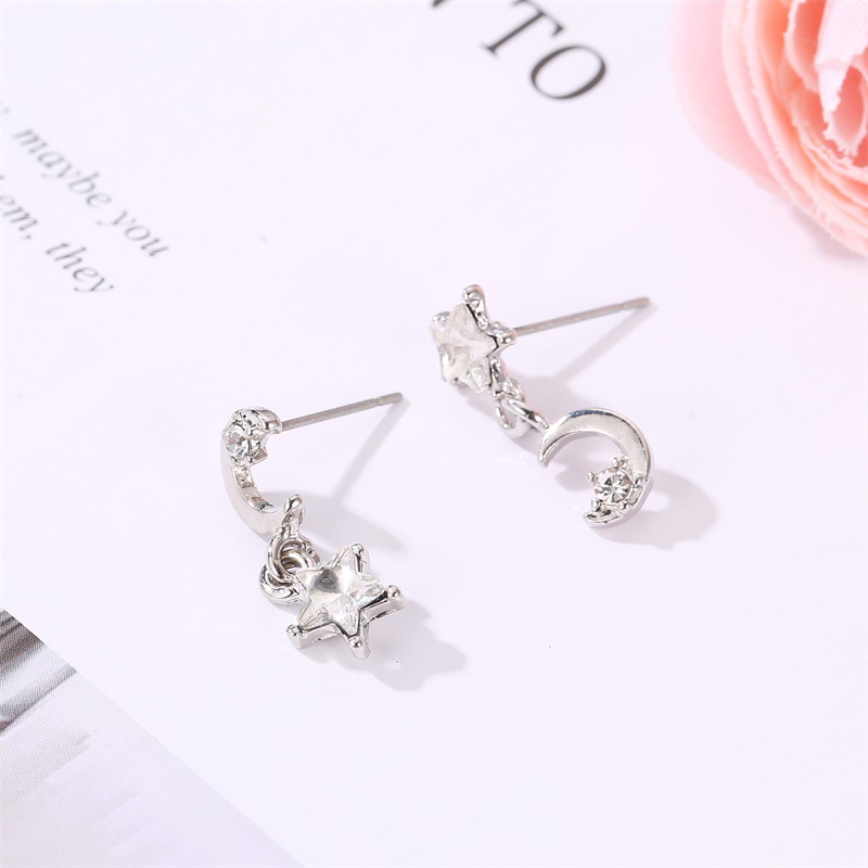 New Asymmetric Star Moon Dangle Earrings Rhinestone Silver Color Metal Ear Studs Lady Drop Earrings Jewelry